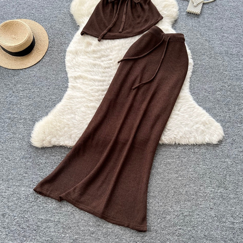 V-neck Knitwear & Skirt 2Pcs Sets