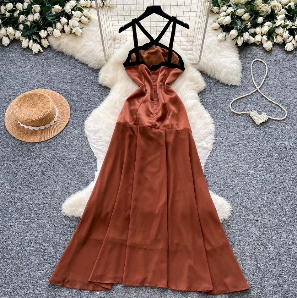Color Blocking Backless Halter Dress