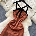 Color Blocking Backless Halter Dress