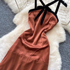 Color Blocking Backless Halter Dress