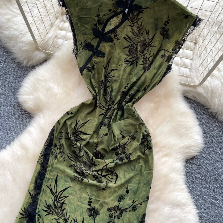 Floral Print Split Cheongsam Dress