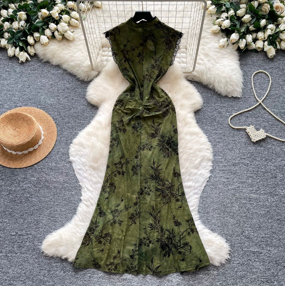 Floral Print Split Cheongsam Dress