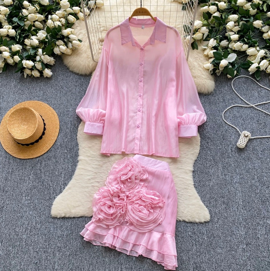 Shirt & 3D Ruffled Skirt 2Pcs