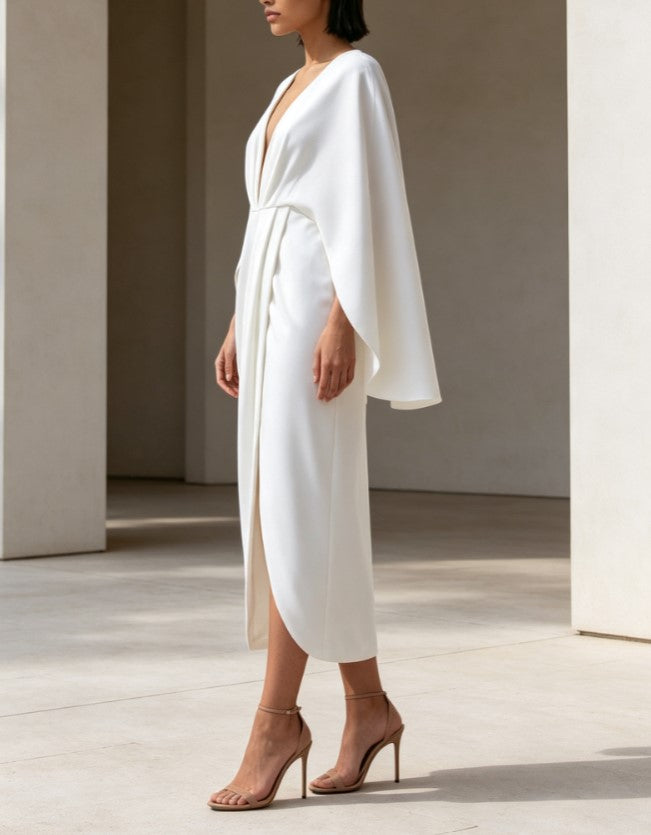 White Deep V Cape Sleeve Wrap Slit Midi Evening Dress