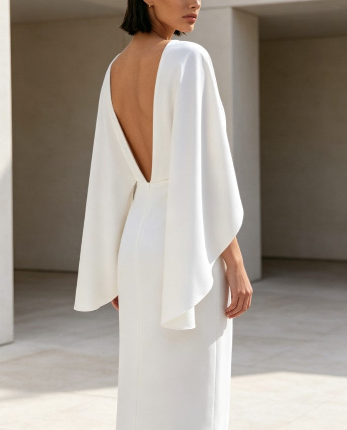 White Deep V Cape Sleeve Wrap Slit Midi Evening Dress
