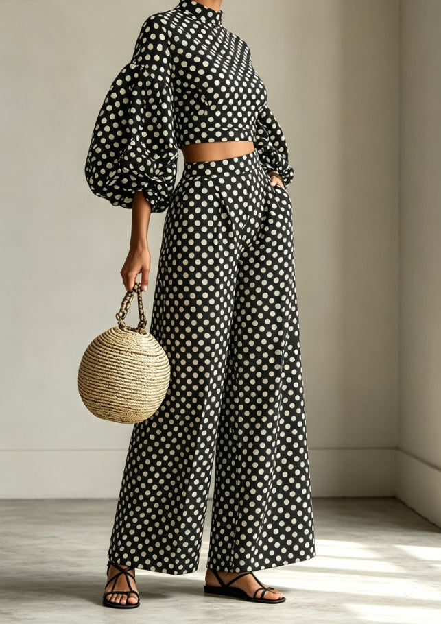 Polka Dot Puff Sleeve Crop Top Wide Leg Pants Two Piece Set