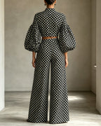 Polka Dot Puff Sleeve Crop Top Wide Leg Pants Two Piece Set