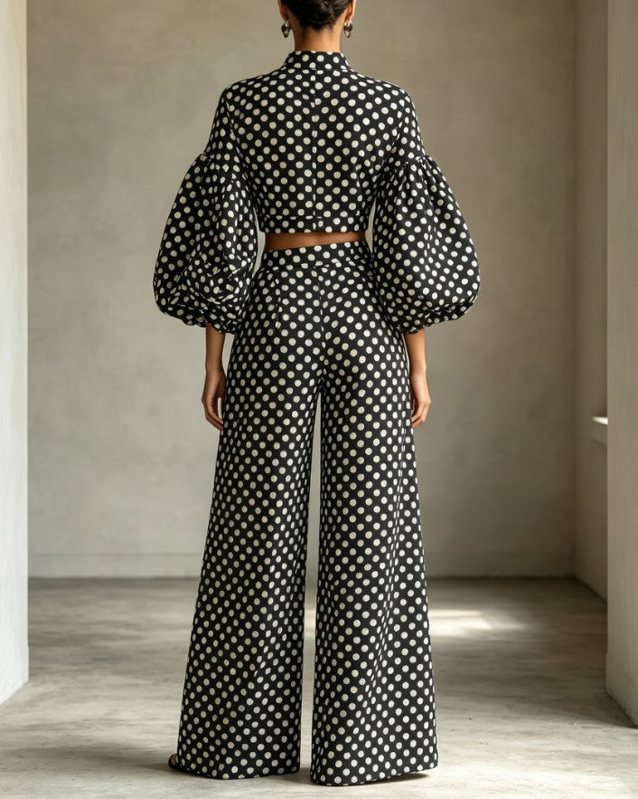 Polka Dot Puff Sleeve Crop Top Wide Leg Pants Two Piece Set