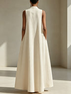 Stand Collar Split Sleeveless Loose Linen Maxi Dress