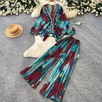 Printed V-neck Cardigan & Trousers 2Pcs