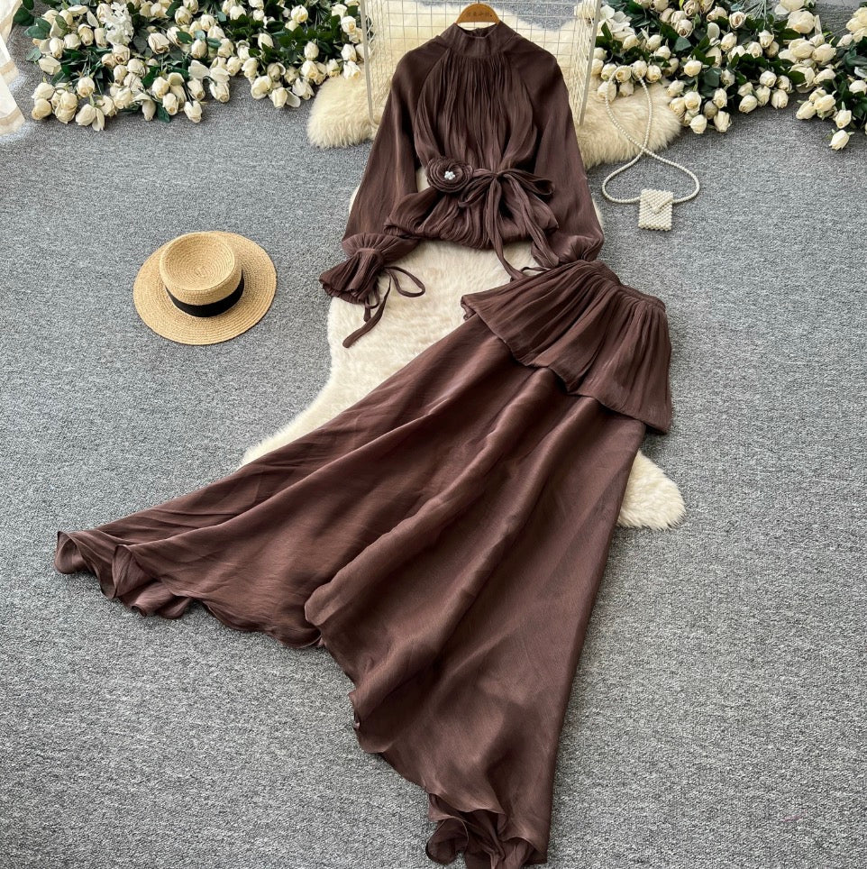 Pleated Shirt & Layered A-line 2Pcs