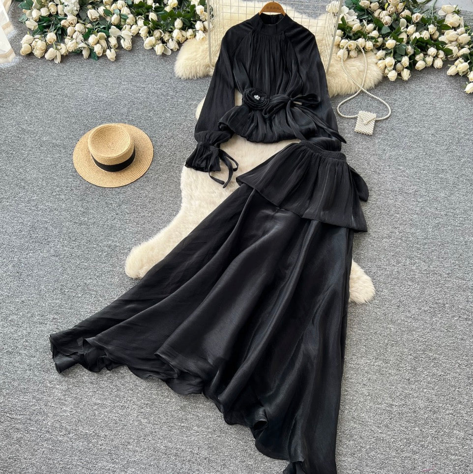 Pleated Shirt & Layered A-line 2Pcs