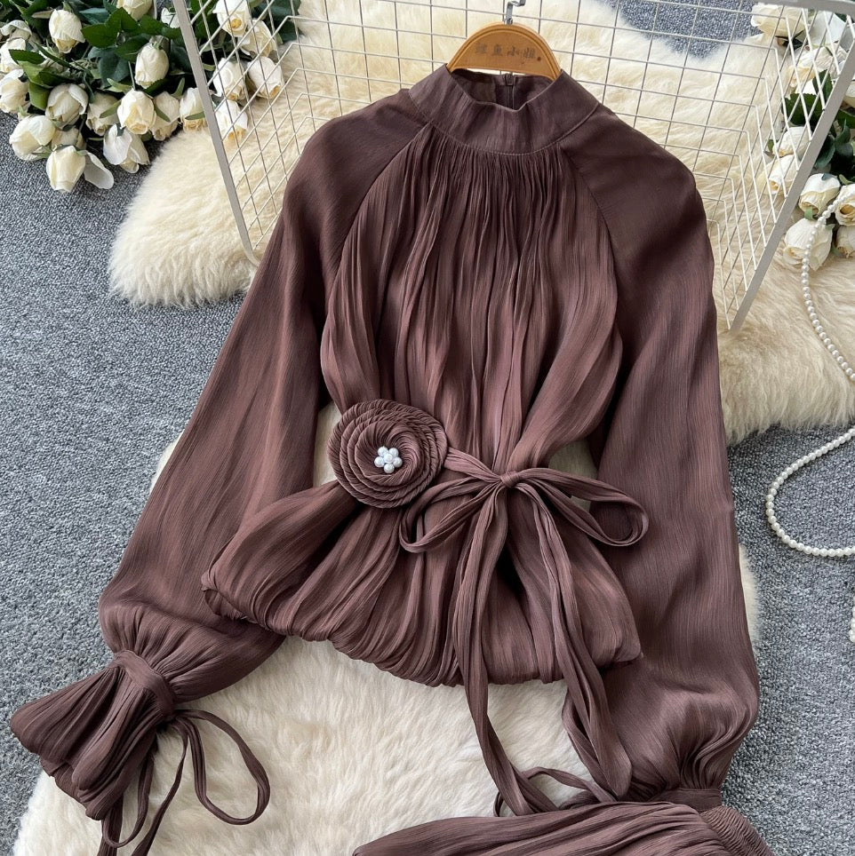 Pleated Shirt & Layered A-line 2Pcs