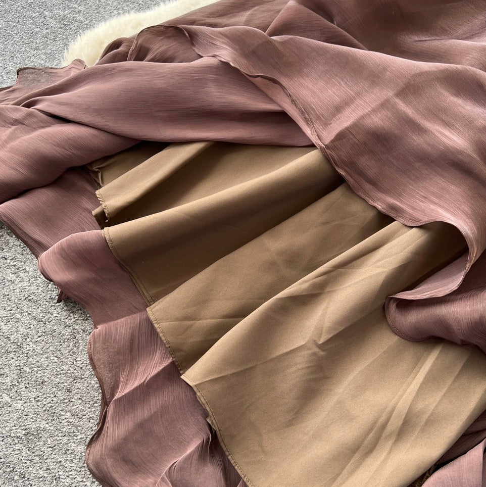 Pleated Shirt & Layered A-line 2Pcs