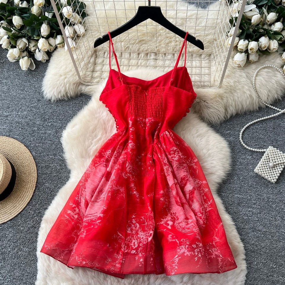 Floral Print Red Slip Dress