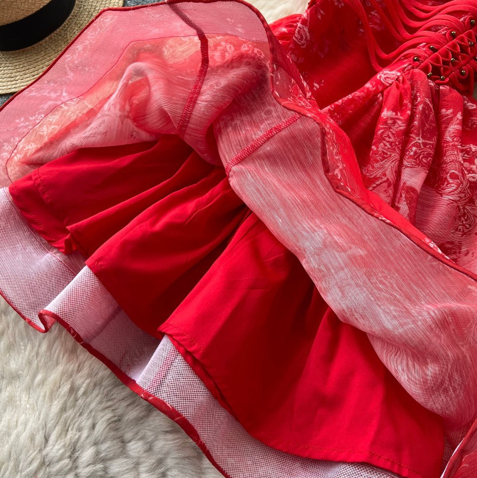 Floral Print Red Slip Dress