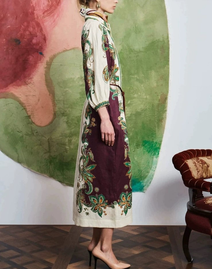 Vintage Floral Print Collared Midi Shirt Dress Belted 3/4 Sleeve Boho Dress