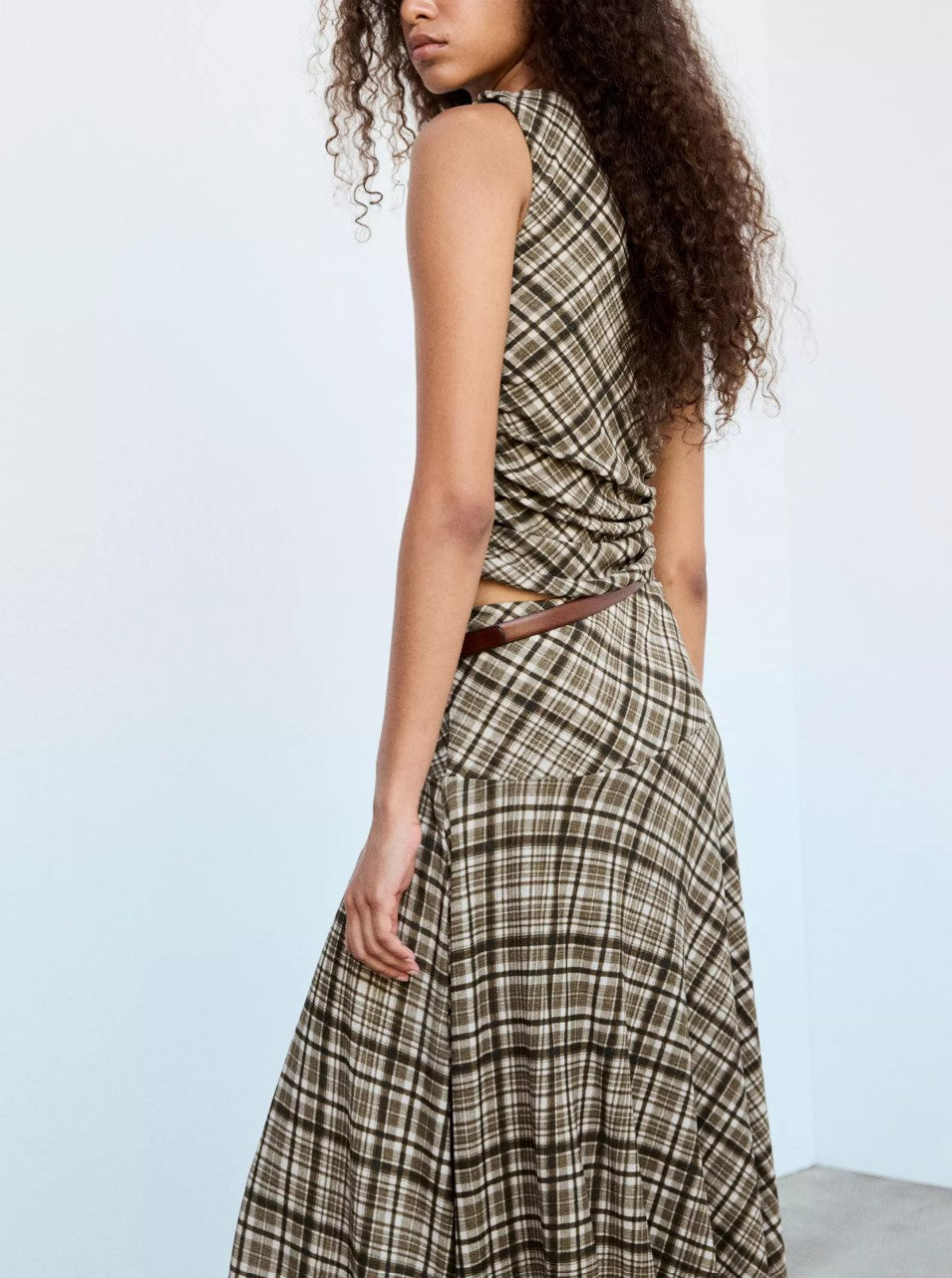 Plaid Sleeveless Top & Asymmetrical Midi Skirt Set Women Belted Two‑Piece Outfit