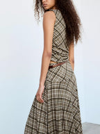 Plaid Sleeveless Top & Asymmetrical Midi Skirt Set Women Belted Two‑Piece Outfit