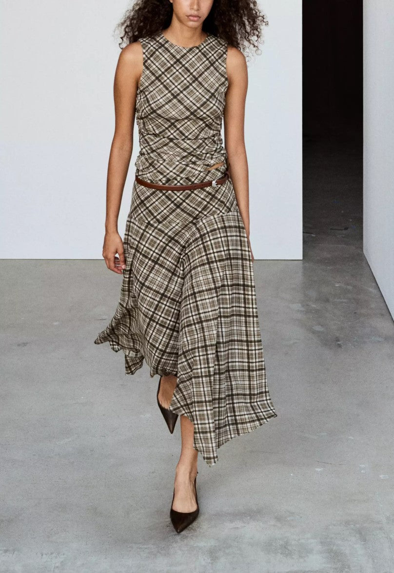 Plaid Sleeveless Top & Asymmetrical Midi Skirt Set Women Belted Two‑Piece Outfit