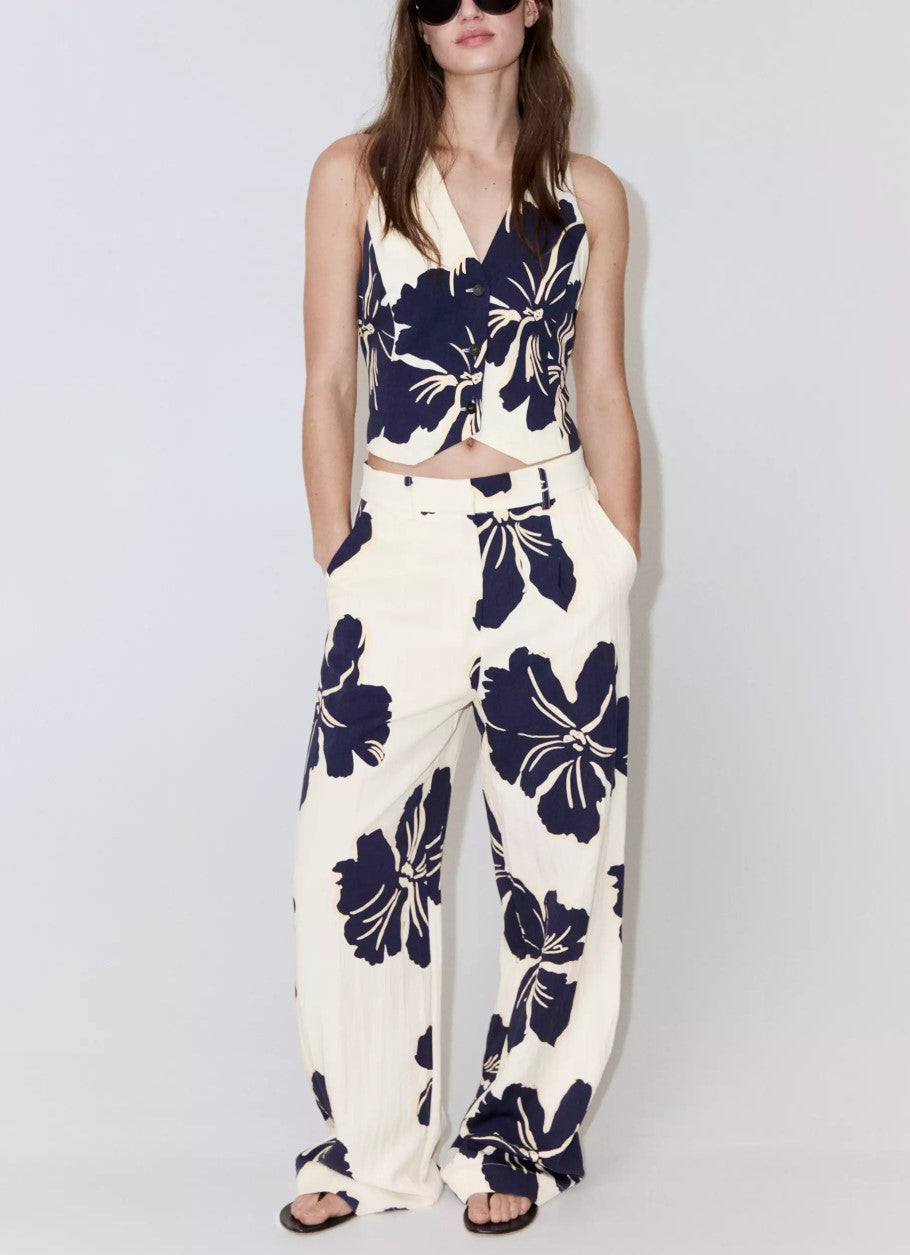 Navy Floral Print Vest & Wide Leg Pants Set Women Button‑Front Cropped Waistcoat Two‑Piece Outfit