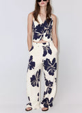 Navy Floral Print Vest & Wide Leg Pants Set Women Button‑Front Cropped Waistcoat Two‑Piece Outfit
