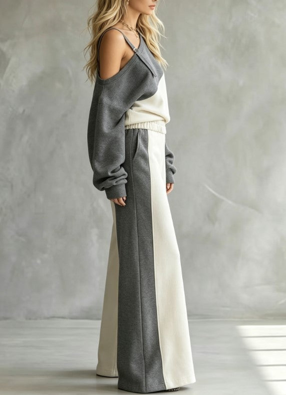 Color‑Block Off‑Shoulder Sweatshirt & Wide Leg Pants Set Women Casual Two‑Piece Outfit