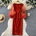 Flared Sleeve Patchwork Red Dress
