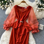 Flared Sleeve Patchwork Red Dress