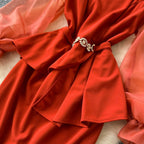 Flared Sleeve Patchwork Red Dress