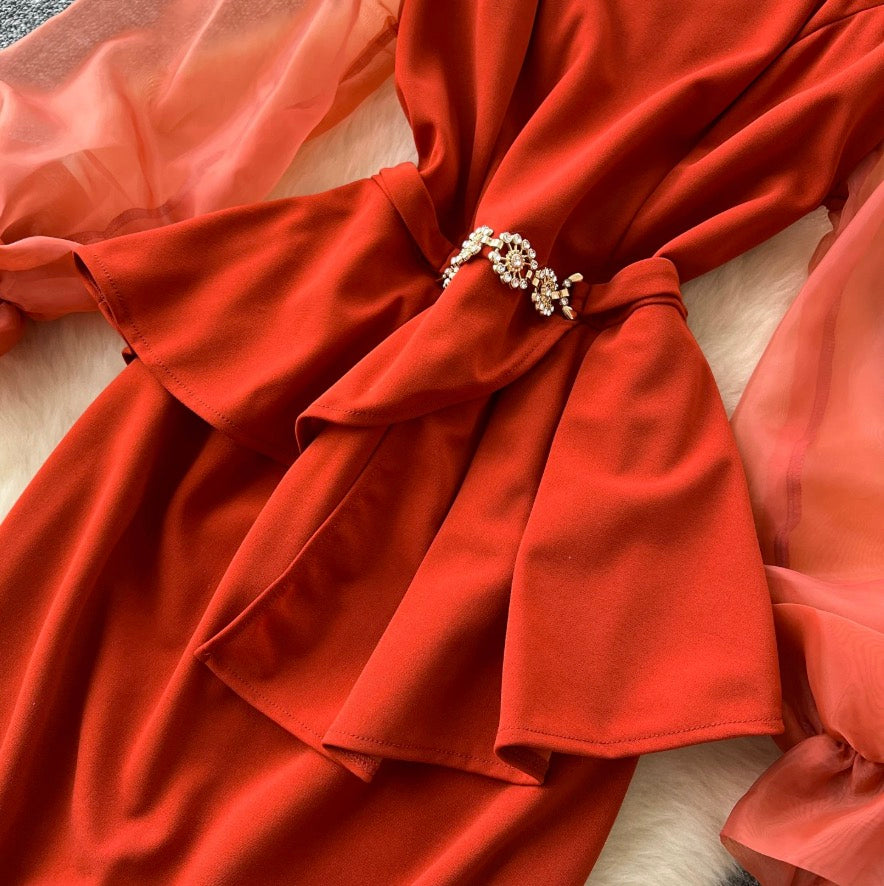 Flared Sleeve Patchwork Red Dress