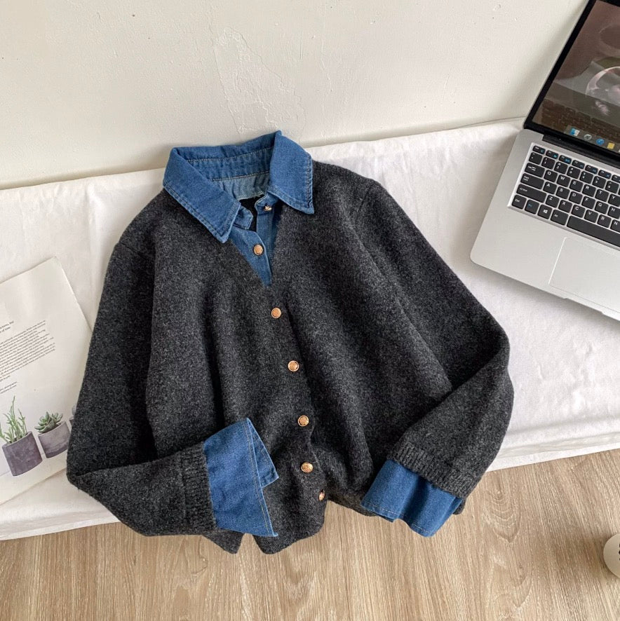 Faux Two-pieces Denim Patchwork Cardigan