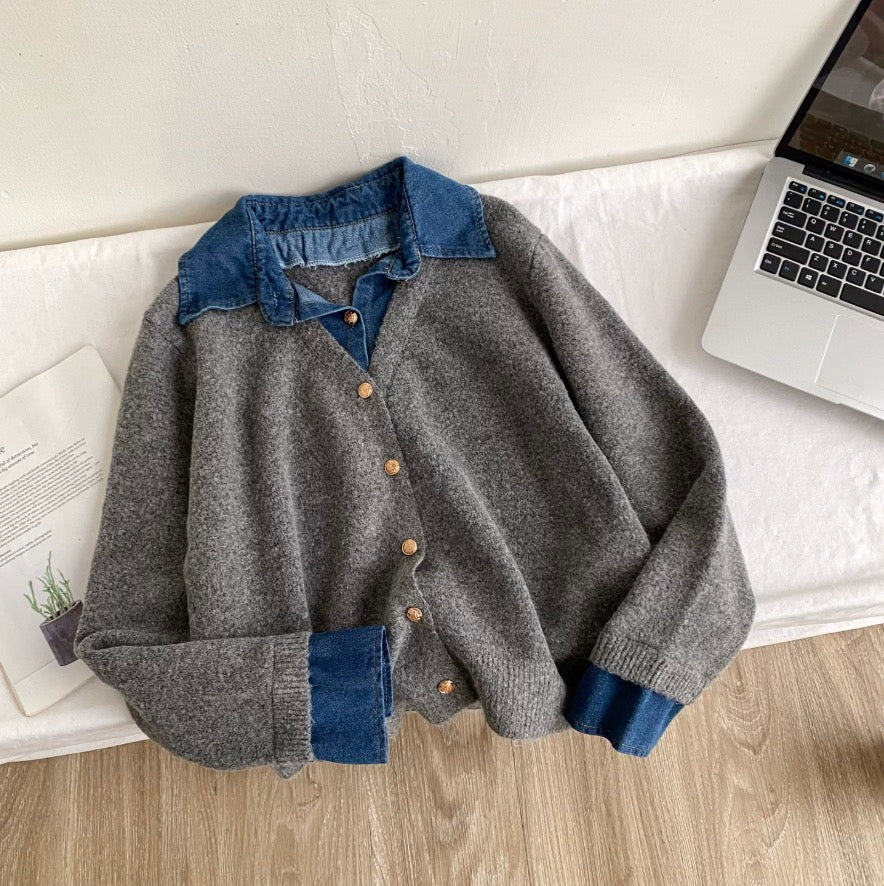 Faux Two-pieces Denim Patchwork Cardigan