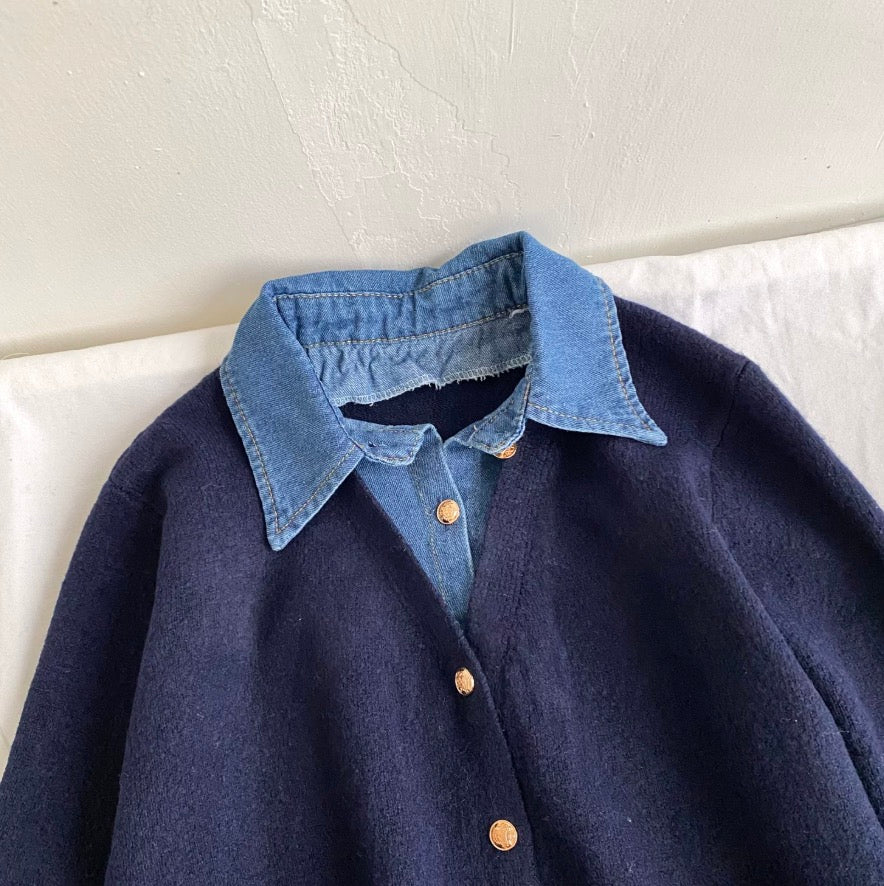 Faux Two-pieces Denim Patchwork Cardigan