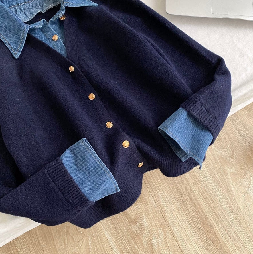 Faux Two-pieces Denim Patchwork Cardigan