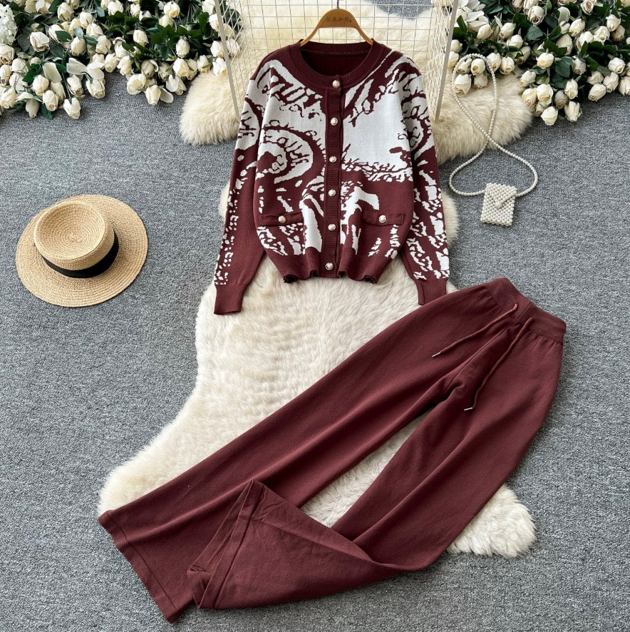 Color-blocking Cardigan & Trousers 2Pcs