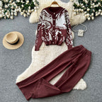 Color-blocking Cardigan & Trousers 2Pcs