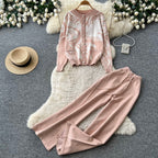 Color-blocking Cardigan & Trousers 2Pcs
