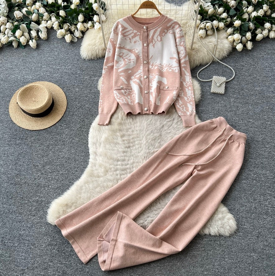 Color-blocking Cardigan & Trousers 2Pcs