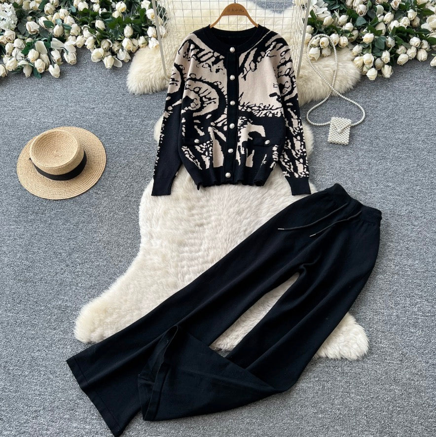 Color-blocking Cardigan & Trousers 2Pcs