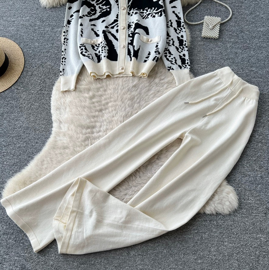 Color-blocking Cardigan & Trousers 2Pcs