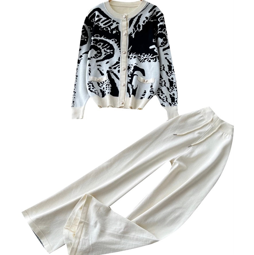 Color-blocking Cardigan & Trousers 2Pcs