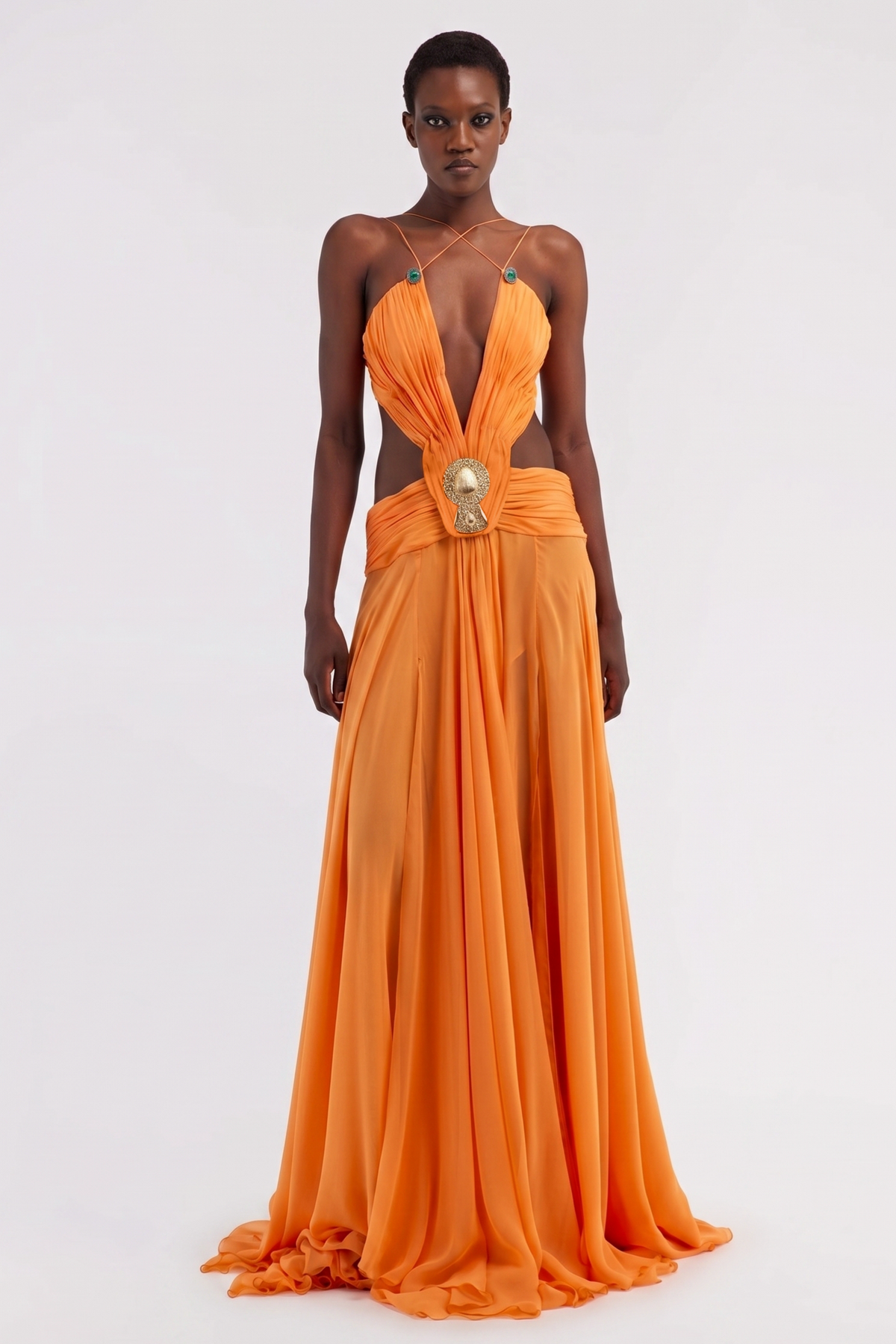 Chiffon Cut-Out Gathering Maxi Dress