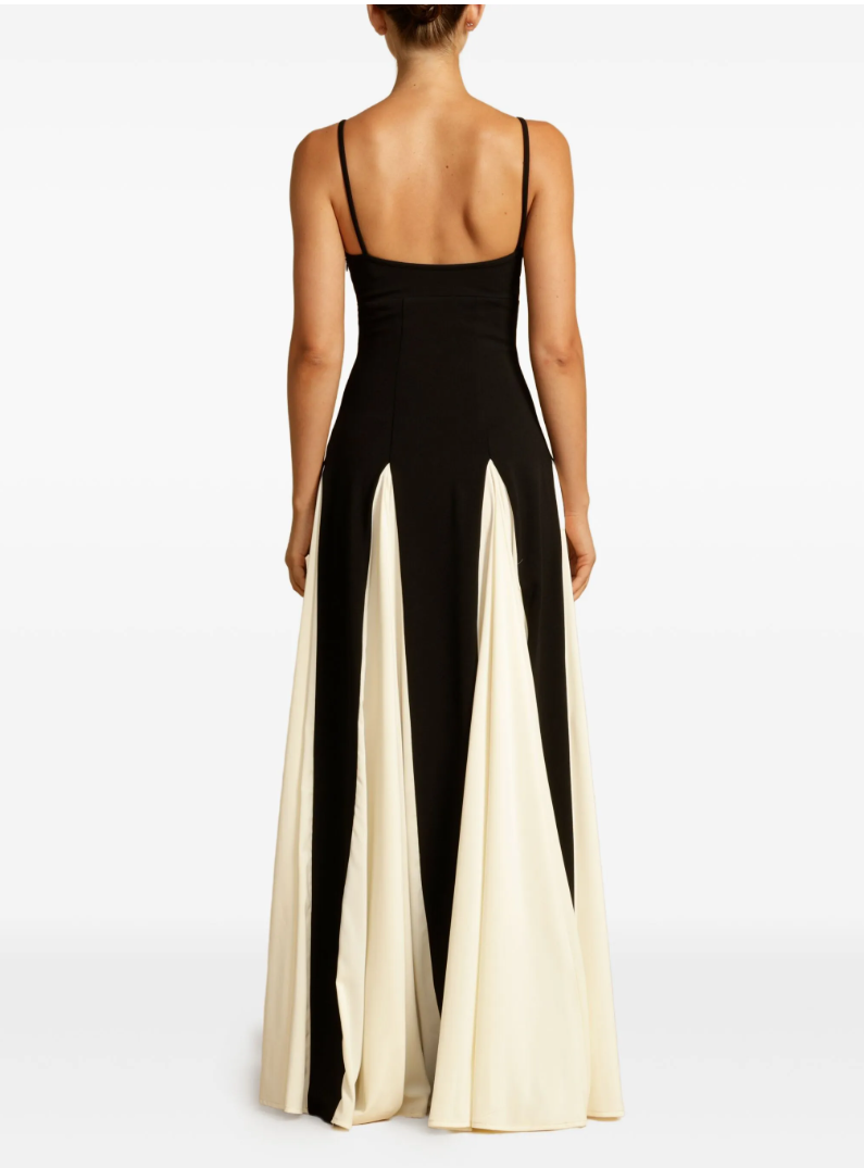 Black & Ivory Color-Block Spaghetti Strap Maxi Dress - High Slit, Sweetheart Neck, Backless Evening Gown