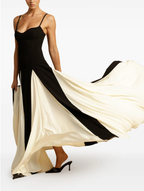 Black & Ivory Color-Block Spaghetti Strap Maxi Dress - High Slit, Sweetheart Neck, Backless Evening Gown