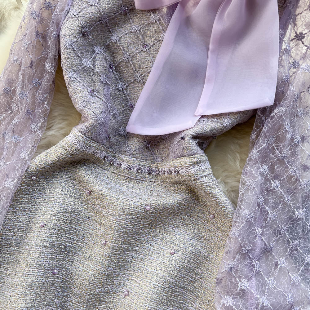 Beaded Embroidered Mesh Bow Dress