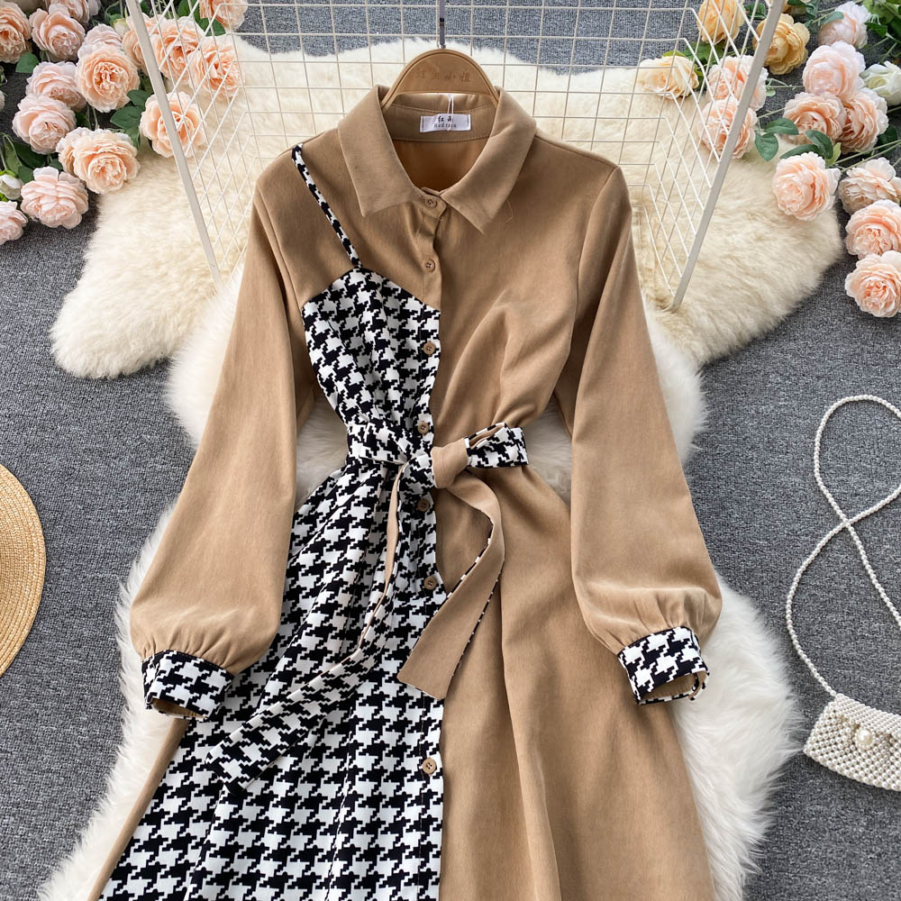 Houndstooth Stitching Long Sleeve Dress