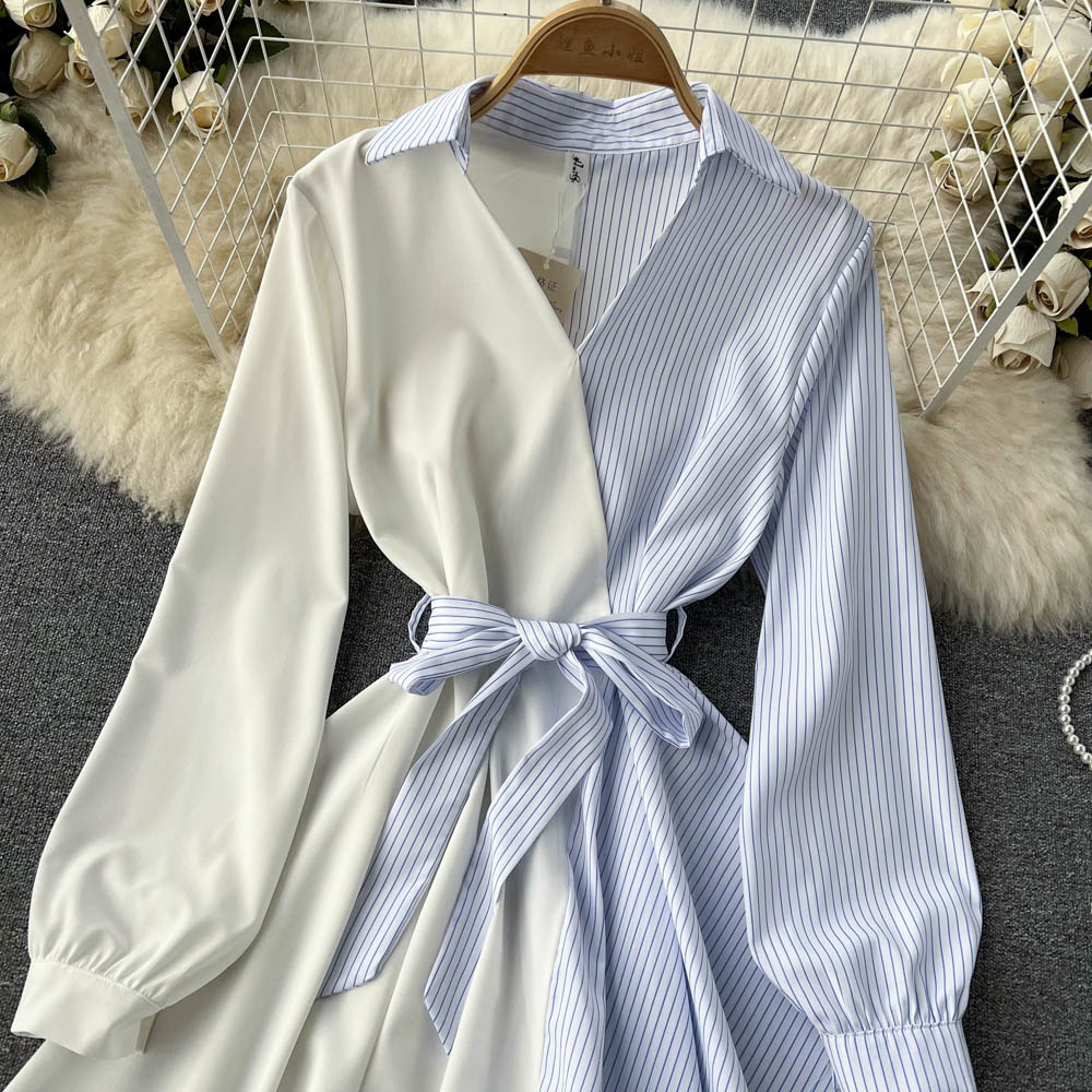 Colorblock Striped Lapel Tie Waist Shirt