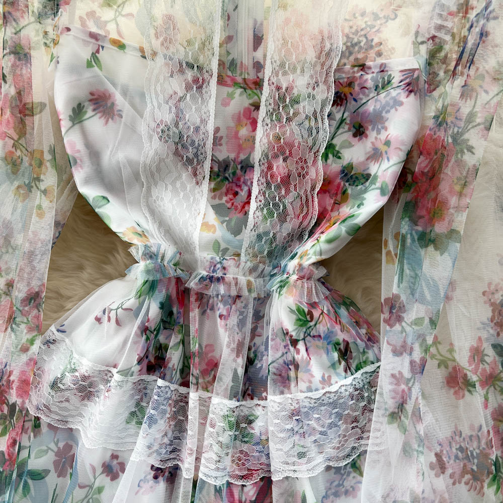 Sweet Floral Printed Lace Dress