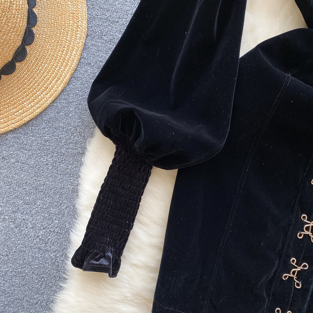 Vintage Square Collar Suede Black Dress